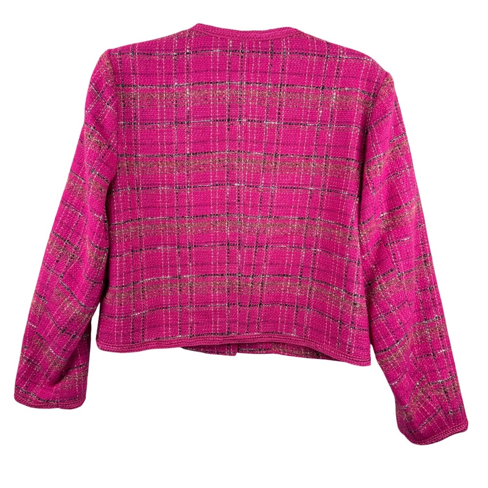 AQUA Tweed Plaid Jacket Women Medium Pink Gold Button Cropped Wool Blend Preppy - Picture 3 of 13